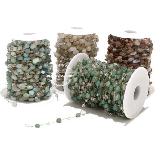 1M Handmade Stainless Steel Irregular Gemstone Beaded Satellite Chains Amazonite Beading Chains for DIY Jewelry Making Findings