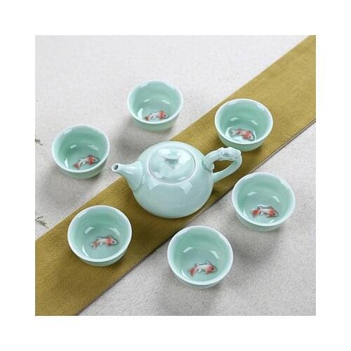 Longquan Celadon fish tea set ceramic teapot kettle ceramic tea cup fish chinese kung fu tea set drinkware 1pot+6cups
