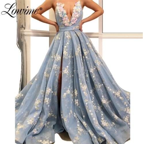 Blue Floral Pattern Party Dress Spaghetti Straps Evening Gowns 2019 Custom Made V Neck Sequin High Split Side Sexy Prom Dresses