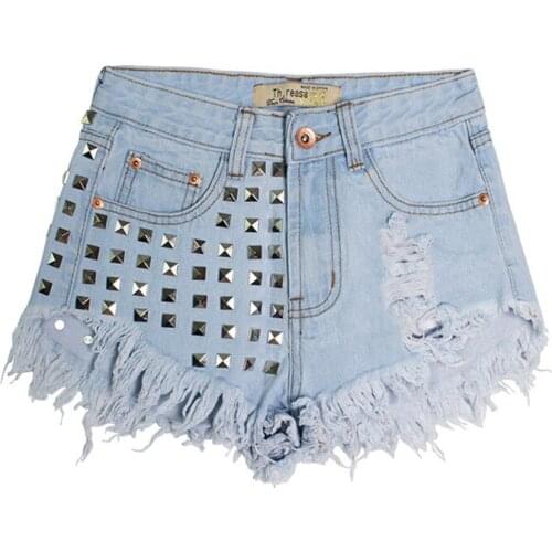 Hot Sale Hot Womens Wear with Holes and Rivets Jeans High Waist Shorts Pants