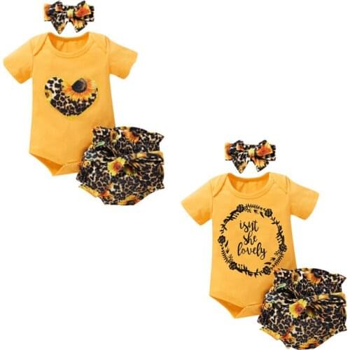 0-24M Newborn Infant Baby Girls Clothes Sets 3pcs Sunflowers Print Short Sleeve Romper Shorts Headband