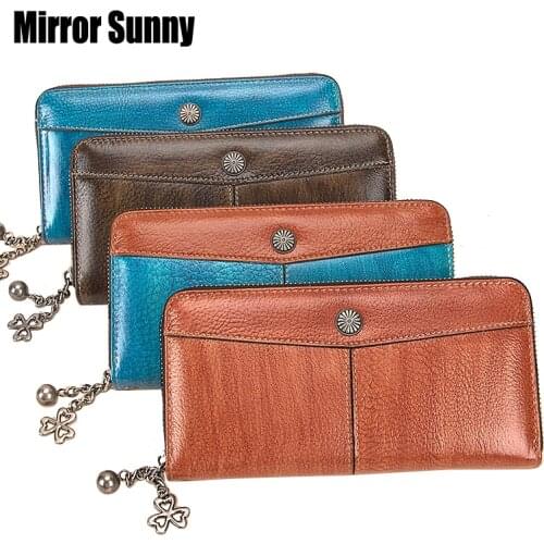 Retro New Ladies Wallet Long Genuine Leather Zipper Purse Cowhide Leather Large Capacity Handbag Multi-function Mobile Phone Bag