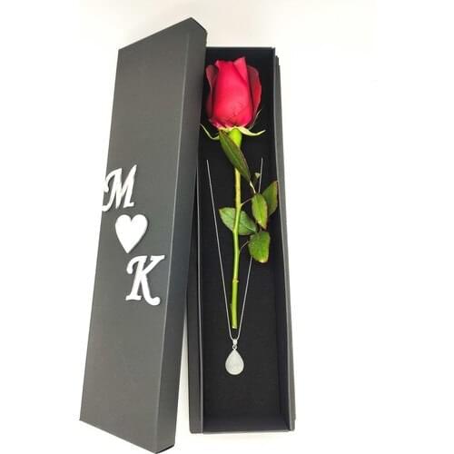 Magnamina İsme Custom Gift Box Drop Model Silver Necklace and Red Rose