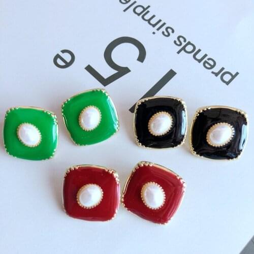 Sweet Cute Geometric Red Green Enamel Elegant Pearl Pretty Earring