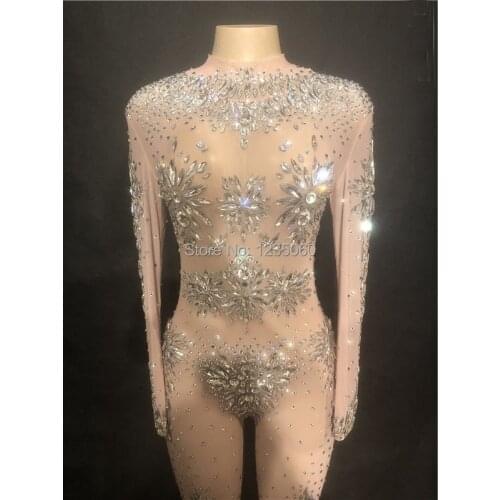 New Sparkly Crystals Nude Jumpsuit Stretch Stones Outfit Celebrate Bright Rhinestones Bodysuit Costume Female Singer Party Dress