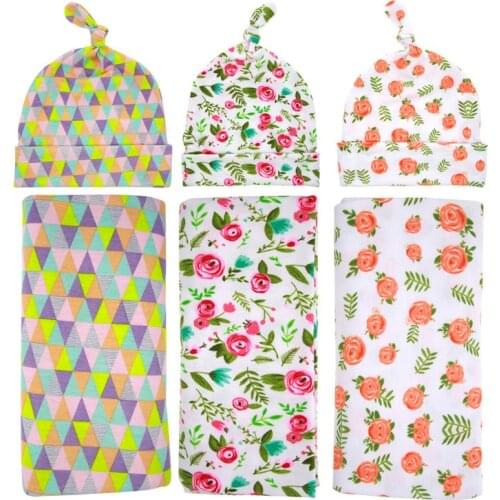 Baby Swaddle Blanket Infant Flowers Sleeping Bag and Rose Knot Hat Set Photography Props Accessories Christmas Headwear