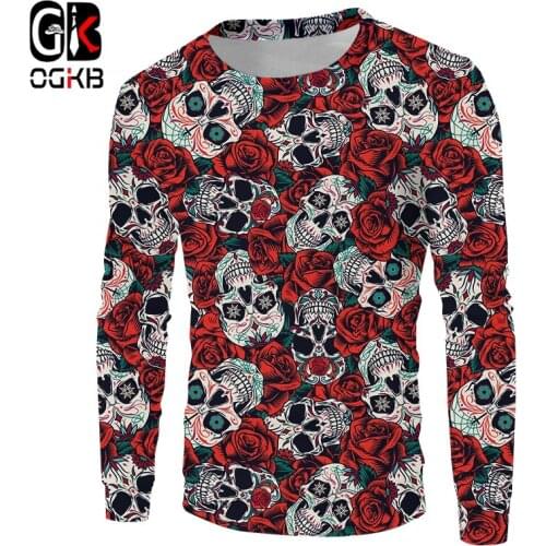 OGKB Mens 3D Flower Skull Printed Woman Sweatshirts Rose Funny Hip Hop Long Sleeves Shirts Streetwear Mens Tracksuits Plus Size