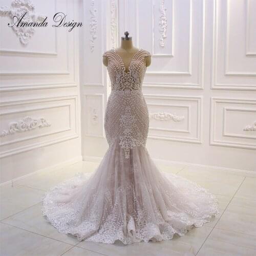 Amanda Design Custom Made Cap Sleeve Lace Applique Illusion Mermaid Wedding Dress with Wrap