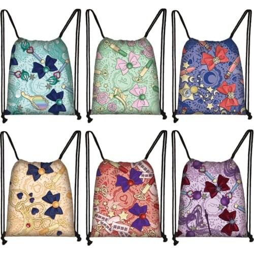 Lovely Bowknot Printing Drawstring Bag Girls Bowknot Fashion Backpack for Travel Softback Storage Bags Ladies Shopping Bags