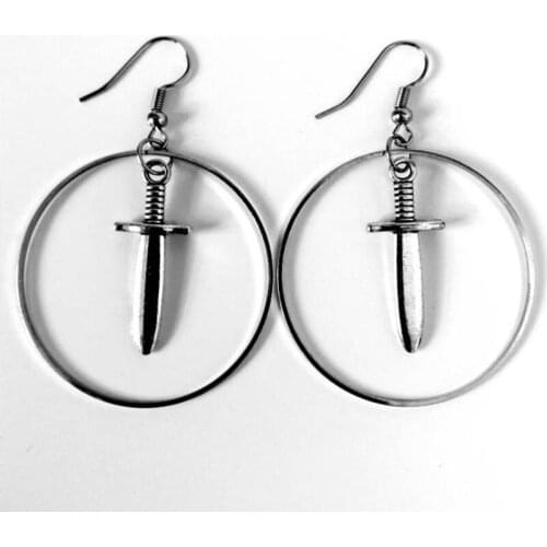 Silver colour circle and daggers earrings, gothic earrings, witchy earrings new