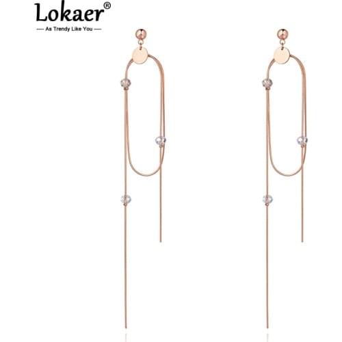 Lokaer Titanium Stainless Steel CZ Crystal Tassel Earrings New Rose Gold Fashion Bohemia Dangle Earrings For Women Girls E20214