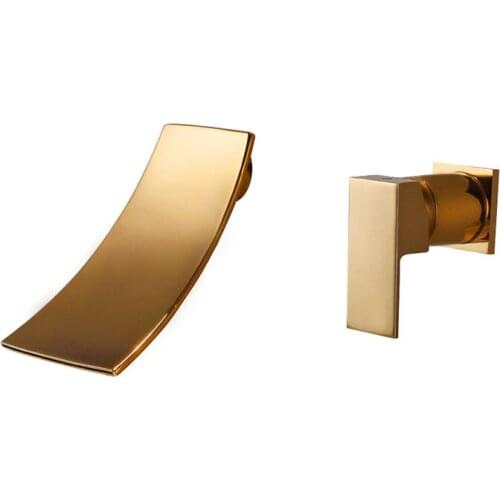 Bathroom Waterfall Basin Faucets Gold Brass Sink Mixer Tap Wall Mounted Single Handle In-Wall Hot & Cold Water Sink Crane Tap