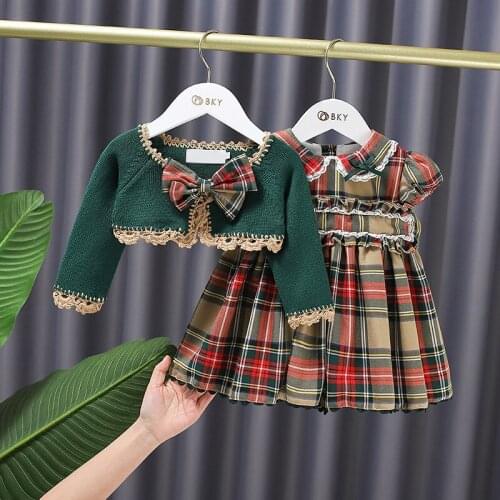 Spring New Kids Girls British Style Dress + Knit Tops Clothing Set