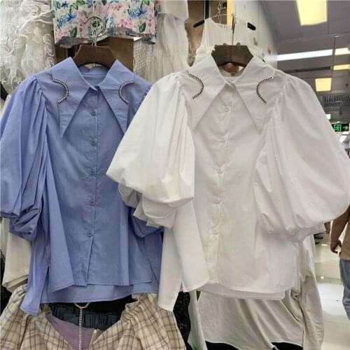 Summer Chic Blouse for Woman New Rhinestone Lapel Short Lantern Sleeve Shirt Female Irregular Tops Blusas Solid Color