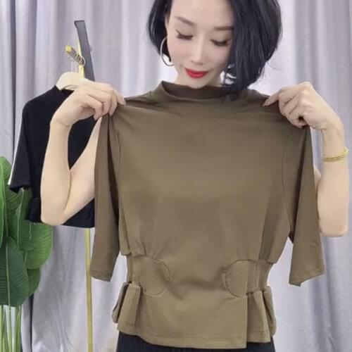Womens Cotton Waist-Tight Mid-Sleeve T-shirt Autumn Top
