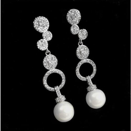Modern Geometrical Stylish Long CZ Round Circle Mother of Pearl Drop Earrings for Women Wedding Accessory Prom Party Jewelry