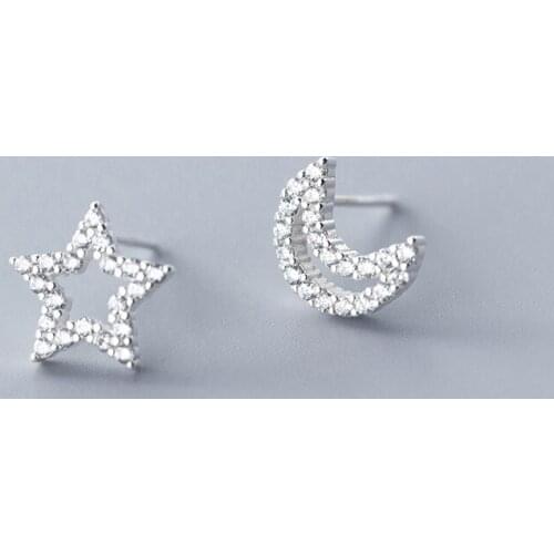 MloveAcc Genuine 925 Sterling Silver Moon & Star Sparkling CZ Stud Earrings for Women Brincos Fine Jewelry Bijoux
