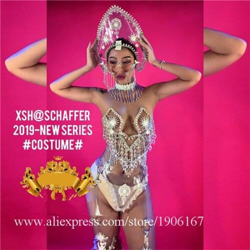 Catwalk models show sexy girl bikini bra suit with headdress dance team female crystal pendant party dress nightclub bar clothes