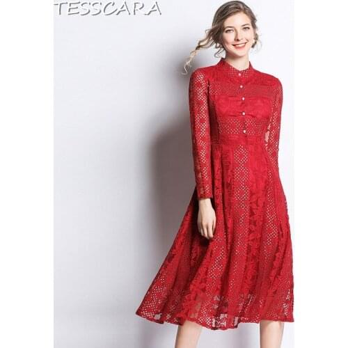 TESSCARA Women Spring Office Elegant Lace Dress Shirt Festa Female Vintage High Quality Designer Vestidos Party Blue Robe Femme