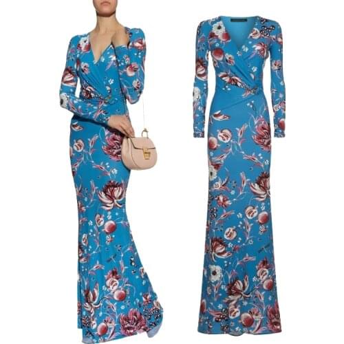 New fashion 2018 luxury designer maxi dress for women long sleeve purple stretch silk jersey span