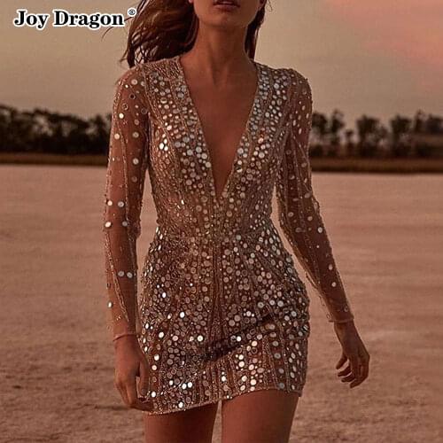 Women Sequin Dress Deep V Neck Bodycon Mini Lace Sexy Dresses 2021Autumn New Package Hips Skirts Long Sleeve Wedding Party Beach