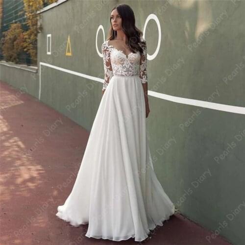 Charming Bohemian Wedding Dresses Three Quarter Sleeves V Neck Lace Applique A Line Boho Bridal Dress Vestidos De Novia 2021