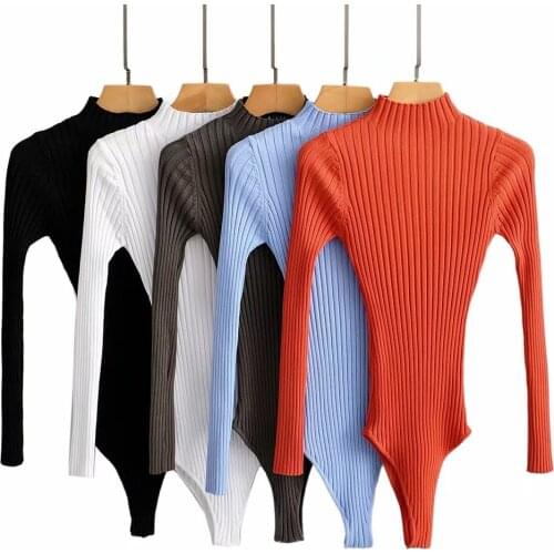 Autumn Winter Solid Women Knitted Stand-up Colla Long Sleeve Black White Blue Orange Khaki Bodycon Bodysuit Jumpsuit