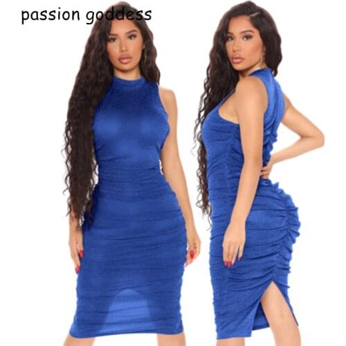 Women Bright Silk Ruched Slit Party Elegant Dress Black Sexy Nightclub Shiny Dress Women Sleeveless Tank Summer Bodycon Dress