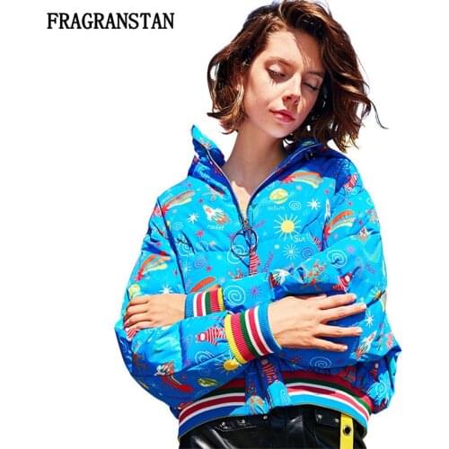 2018 Fashion Thicken Keep Warm Hooded Down Jacket Female Winter New Cartoon Pattern Printed Striped Loose High Quality Coat Q398