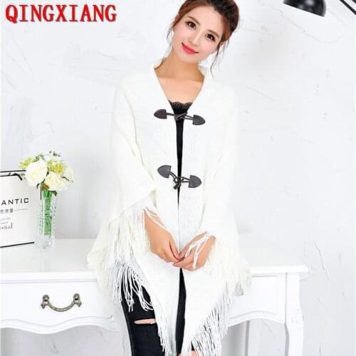 2021 Autumn Winter Women Horn Buckle Sweater Two Layers Warm Shawl Tassel Knitted Solid Black White Cardigan Triangle Coat
