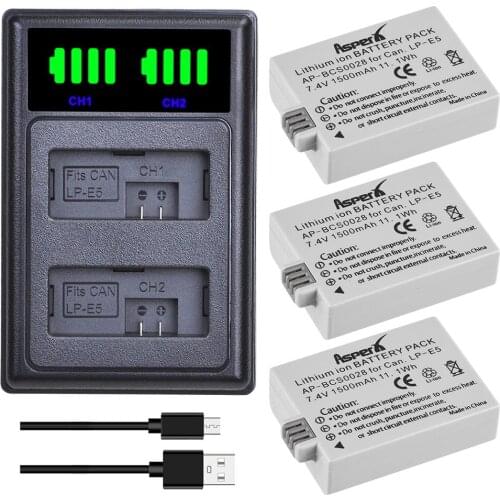 3Pcs LP-E5 LPE5 Camera Batteries + LED USB Daul Charger for Canon EOS 1000D 500D 450D Kiss X3 X2 F EOS Rebel XS XSi Rebel T1i