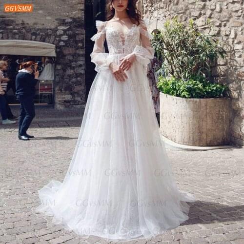 Bohemian White Wedding Dress 2021 Long Puff Sleeves robe de mariee A Line Tulle Appliqued Bridal Gowns Customized abito da sposa