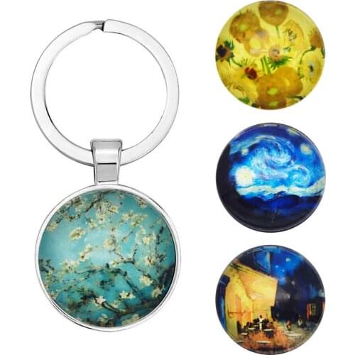 Julie Wang 4PCS Vintage Van Gogh Sunflower Painting Pendant Keyring Key Chain Man Woman Jewelry Keychain