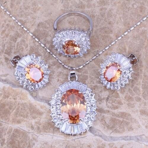Champagne Morganite White CZ Silver Plated Jewelry Sets Earrings Pendant Ring Size 6 / 7 / 8 / 9 / 10 S0032
