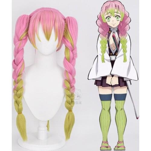 Demon Slayer Kanroji Mitsuri Cosplay Wig Kimetsu No Yaiba Cosplay Costumes Long Pink Mixed Green Braid Party Hair + Free Wig Cap