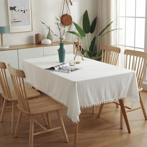 Fuzzy bull tassel Table Cloth Cotton Linen Wrinkle Free Anti-Fading Tablecloths Washable Table Cover for Kitchen Dinning Party