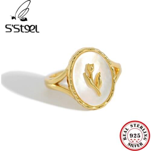 SSTEEL Shell Rings 925 Sterling Silver For Women Korean Geometric Oval Tulip Opening Ring Anillos Plata 925 Para Mujer Jewelry