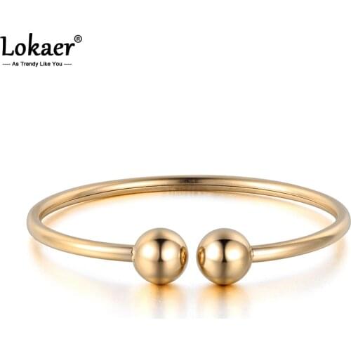 Lokaer Titanium Stainless Steel Double Ball Open Cuff Bracelets & Bangles Trendy Rose Gold Party Bangle Jewelry For Women B18027