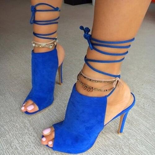Fashion Dark Blue Ankle Cross Tied Lace up with Sexy Open toe in Super High Heel Flock Material Summer Shoe Night Club