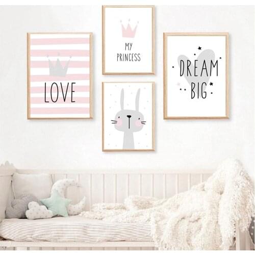 Pink Princess Crown Art Print Abstract Rabbit Wall Art Poster Love Quotes Canvas Painting Nordic Pictures Baby Kids Room Decor