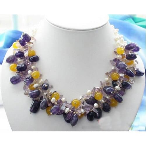 Freshwater Pearl Necklace,3Rows Amethyste-s Top-az J-ade White Rice Cultured Pearl Jewellery,New Free Shipping