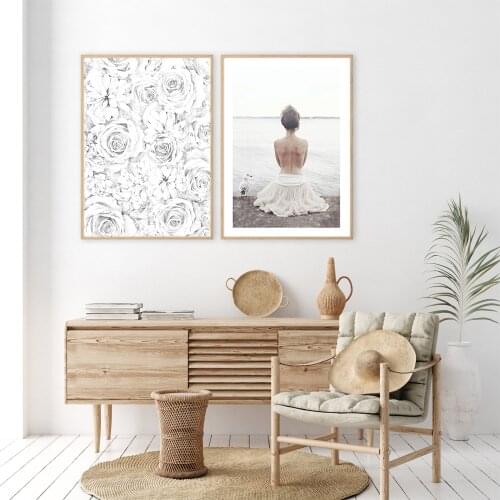 Boho Poster Women Travel Canvas Painting Black White Flower Art Print Beach Landscape Wall Picture for Living Room Home Decor