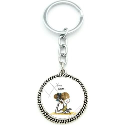 TAFREE Girl Made Yoga Pattern Glass Pendant Round Jewelry Glass Gem Fashion Cabochon Keychain Metal Keychain