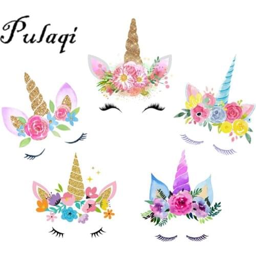Pulaqi Flowers Unicorn Iron On Transfers For Clothes Cartoon Unicorn Patch Thermal Heat Transfer Vinyl Stickers DIY Applique F