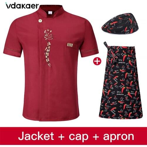 Unisex Short Sleeve catering Chef Workwear Restaurant Hotel Kitchen Breathable cooking Jacket + Apron + hat coat chef uniform