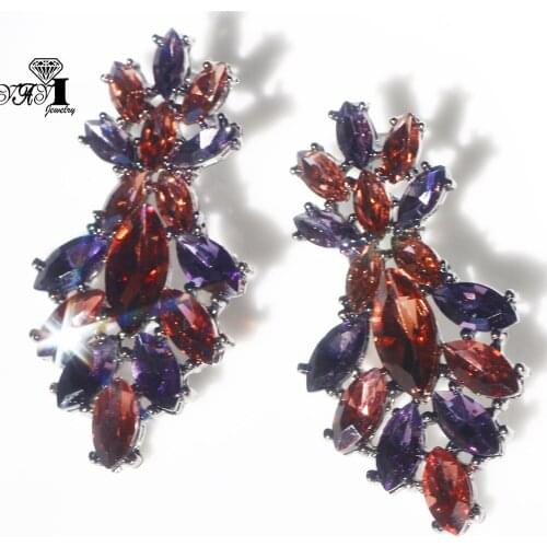 YaYi Jewelry Purple Flower Dangle Crystal Women Ancient Gold Color Wear Ear Band Tassel Wedding Stud Drop Hoop Clip Earrings