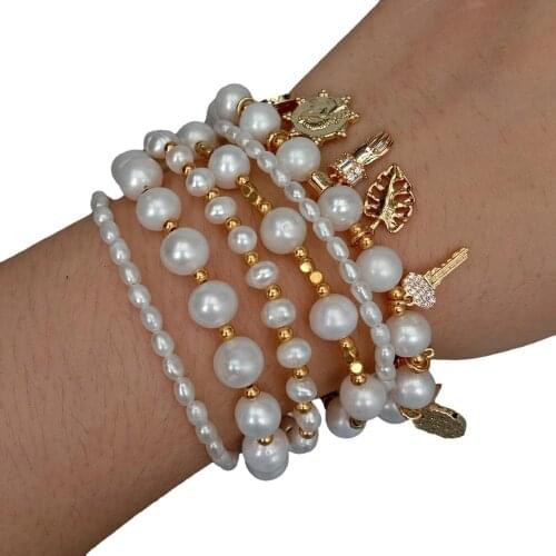 YYGEM 6Strands Natural White Potato Rice Pearl Statement Bracelet Cz Pave Charm Summer Beach Jewelry 8