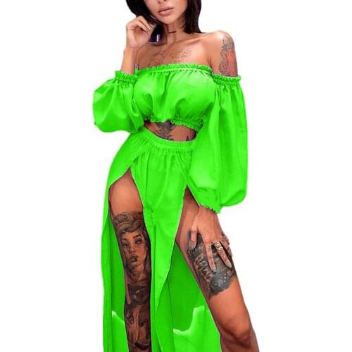 Women’s Sexy T-shirt and Skirt Suit Fashion Solid Color Long Sleeve Tops and Loose Split Long Skirt