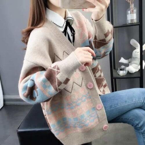 Ladies Sweater Knitted Cardigan Womens 2020 New Lazy Wind Contrast Color V-neck Single-breasted Loose Sweater Female Tops Q149