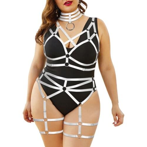 Women Goth Sexy Body Chest Harness Plus Size Underwear 3-Piece Set Suspenders Waist Garter Belts Stockings BDSM Sex Fetish Rave